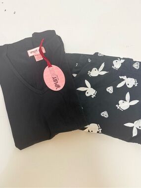NWT Playboy Intimates Pajama Set | Black Bunny & Diamond Print | Size Large